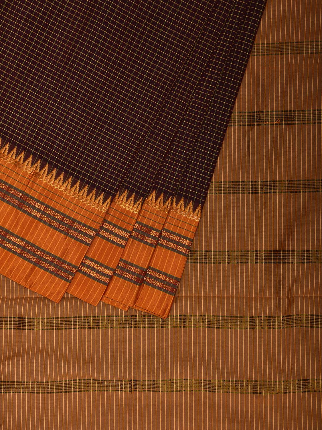 Brown and Yellow Narayanpet Cotton Viscose Saree with Checks Design No Blouse np1160