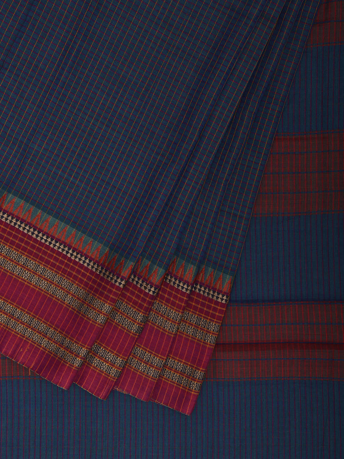 Teal and Red Narayanpet Cotton Saree with Checks Design No Blouse np1162