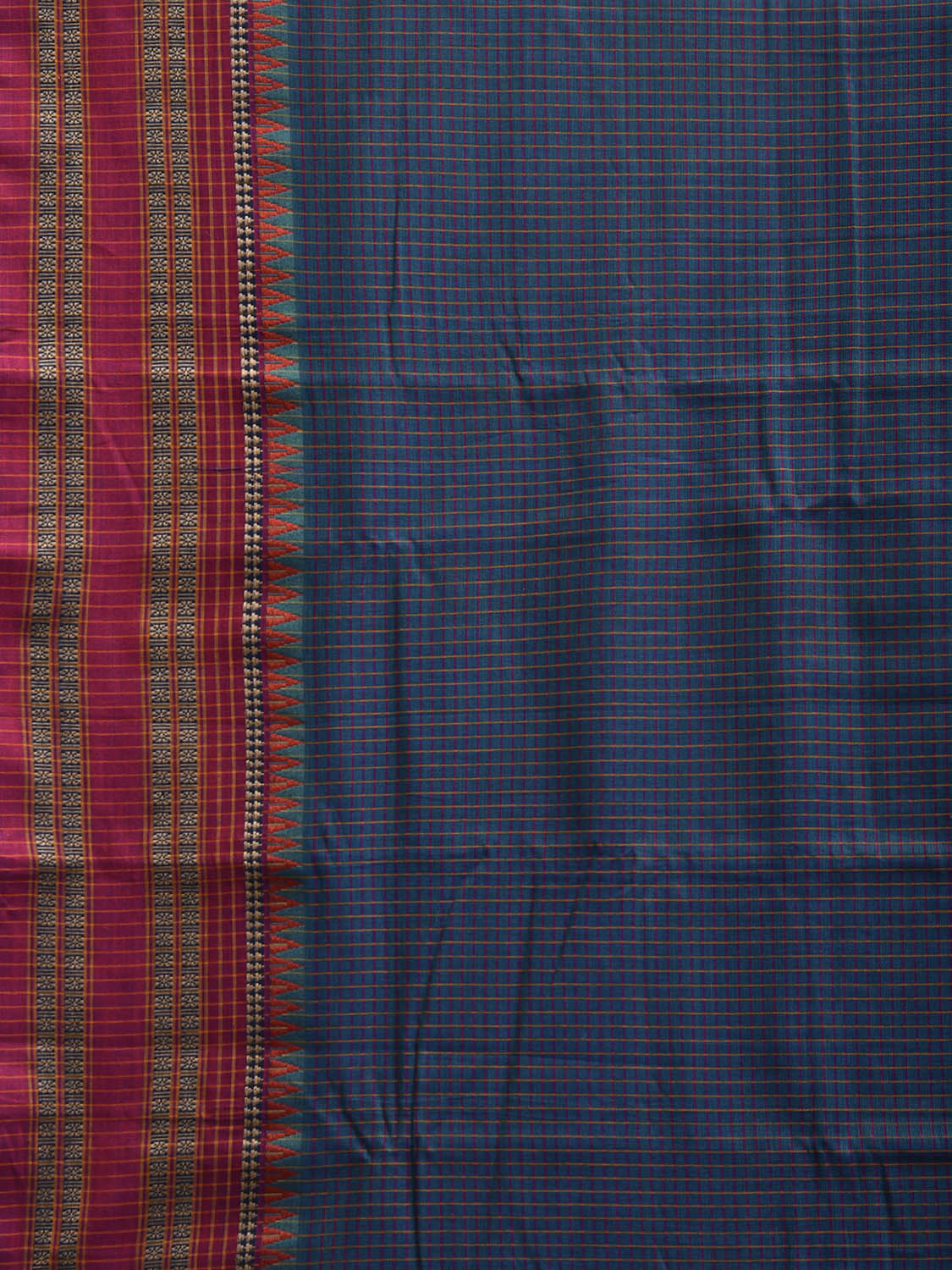 Teal and Red Narayanpet Cotton Saree with Checks Design No Blouse np1162