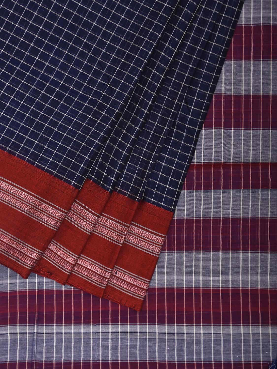 Dark Blue and Red Narayanpet Cotton Handloom Saree with Checks and Border Design No Blouse np1164