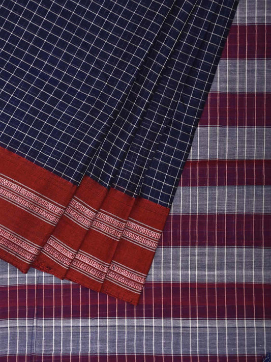 Dark Blue and Red Narayanpet Cotton Handloom Saree with Checks and Border Design No Blouse np1164