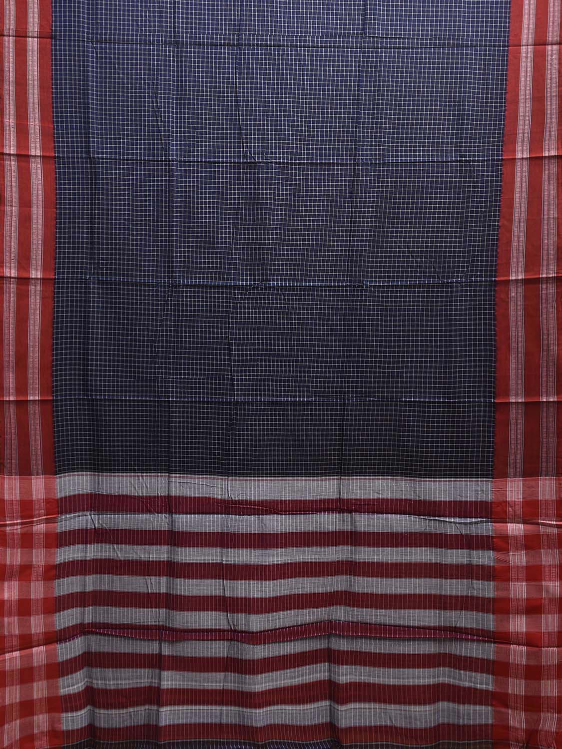 Dark Blue and Red Narayanpet Cotton Handloom Saree with Checks and Border Design No Blouse np1164