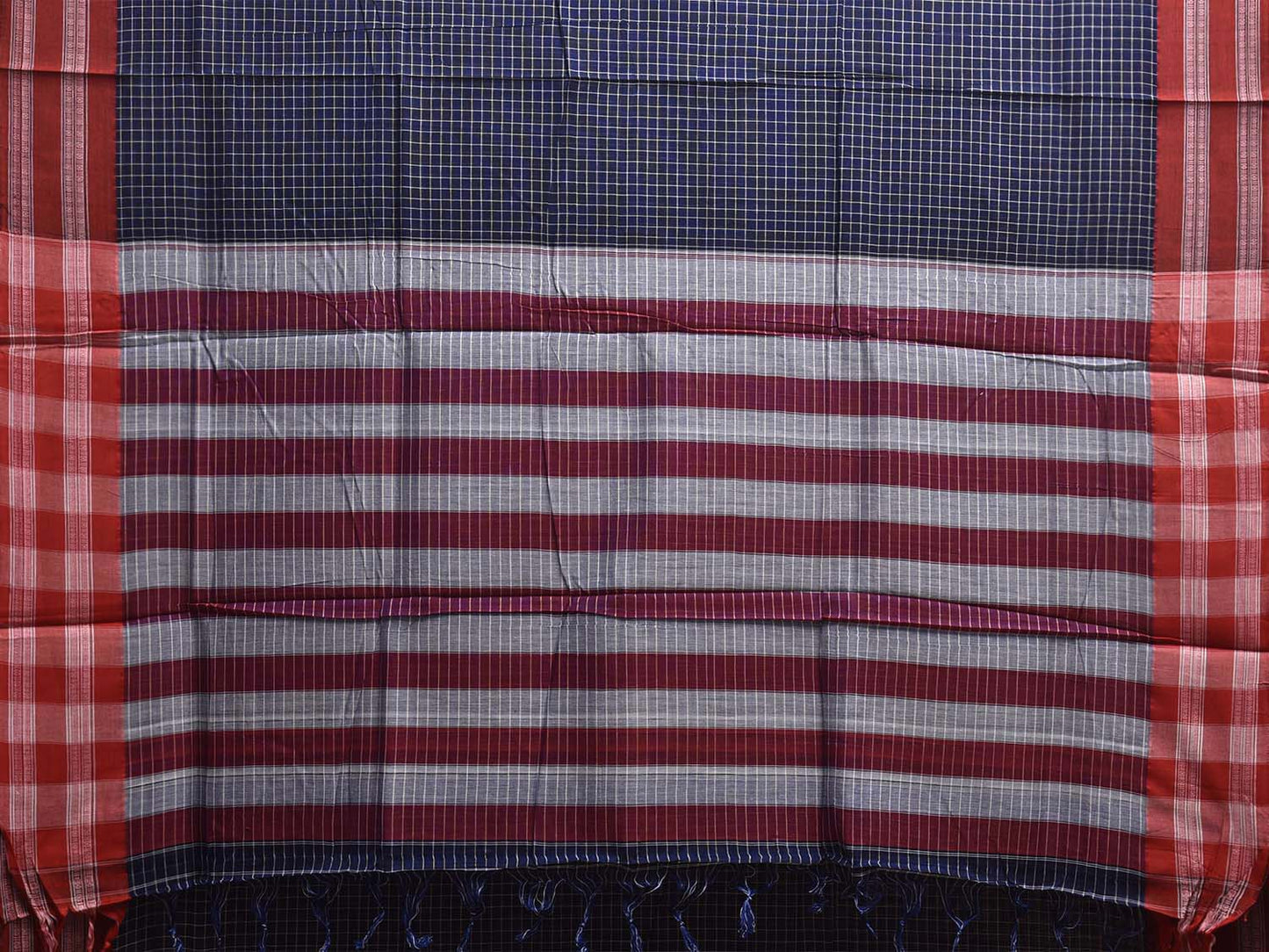 Dark Blue and Red Narayanpet Cotton Handloom Saree with Checks and Border Design No Blouse np1164