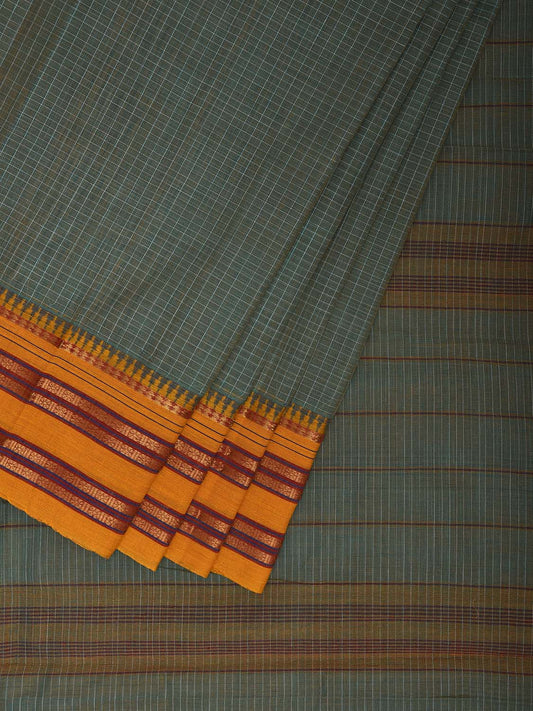 Sea Green and Yellow Narayanpet Cotton Handloom Saree with Checks Design No Blouse np1171