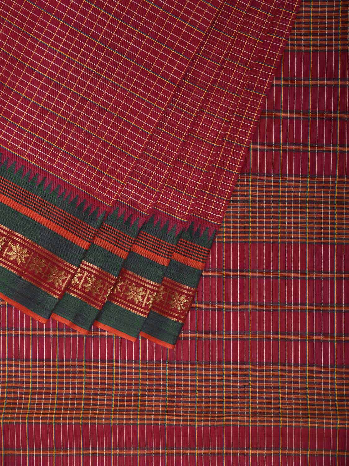 Pink and Green Narayanpet Cotton Handloom Saree with Checks Design No Blouse np1172