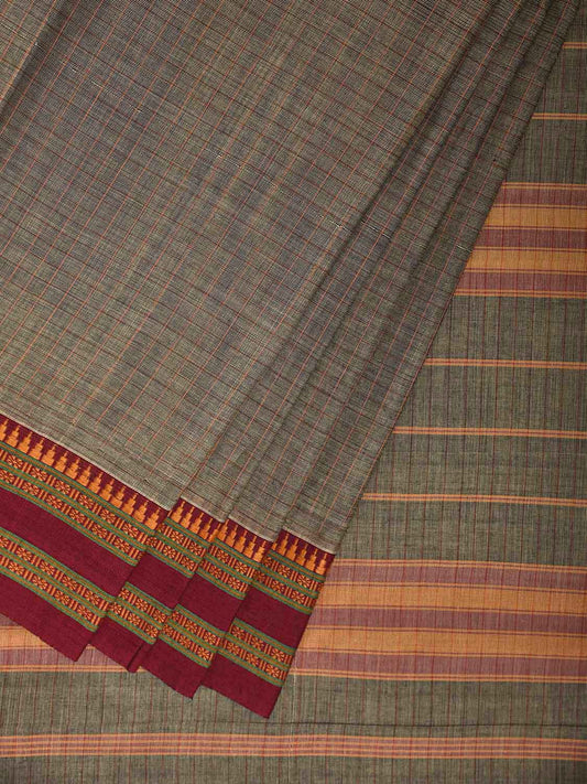 Sea Green and Maroon Narayanpet Cotton Handloom Saree with Checks Design No Blouse np1173