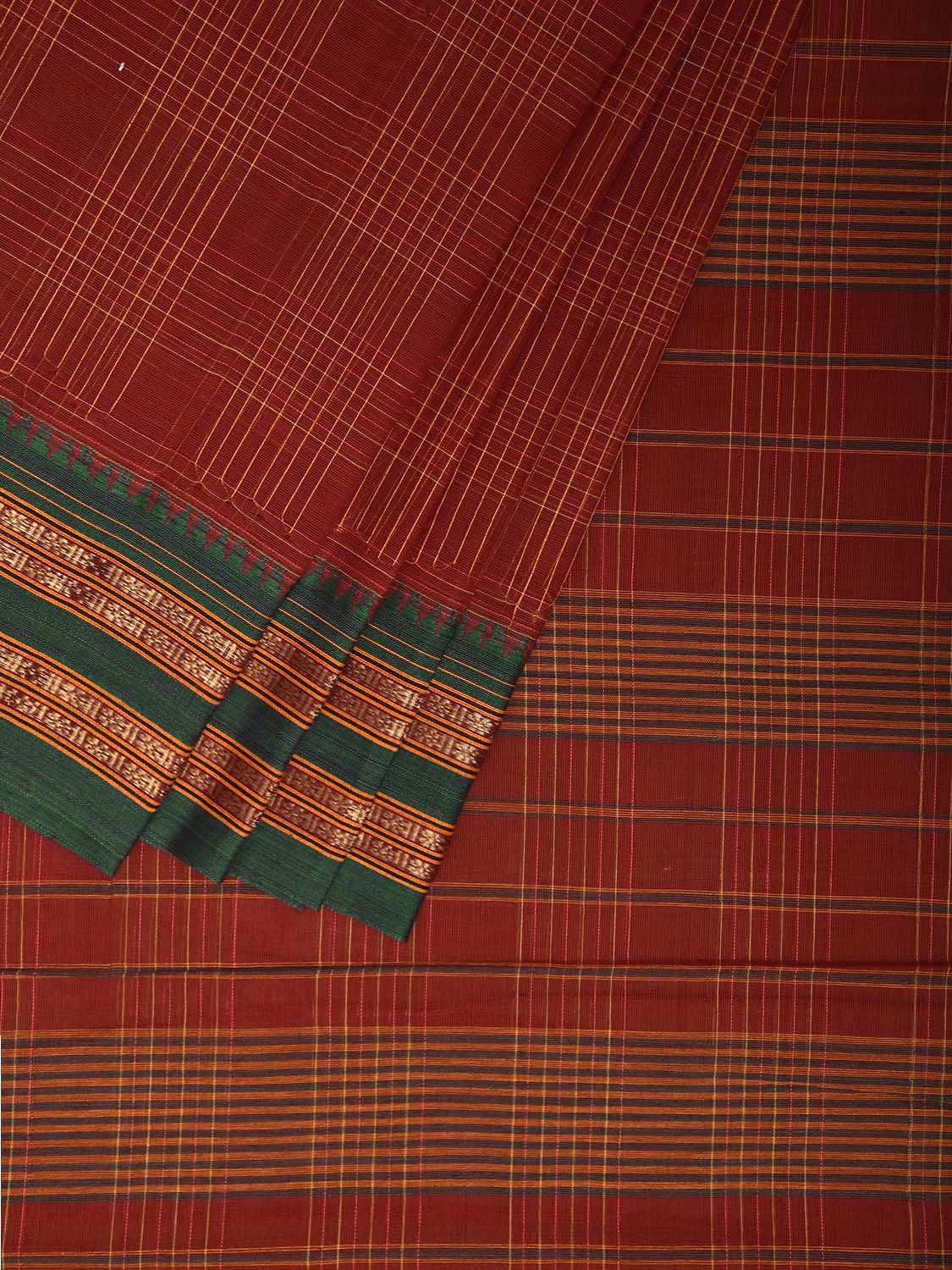 Red and Green Narayanpet Cotton Saree with Strips Design No Blouse np1175