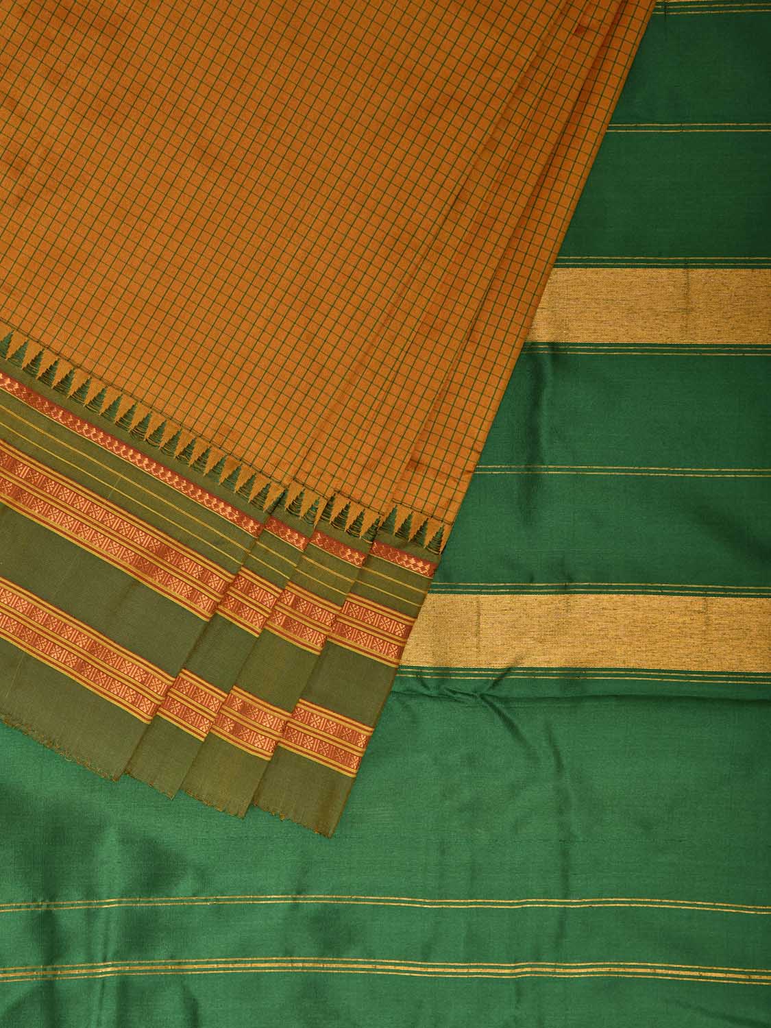 Mustard and Green Narayanpet Silk Handloom Saree with Checks Design No Blouse np1176