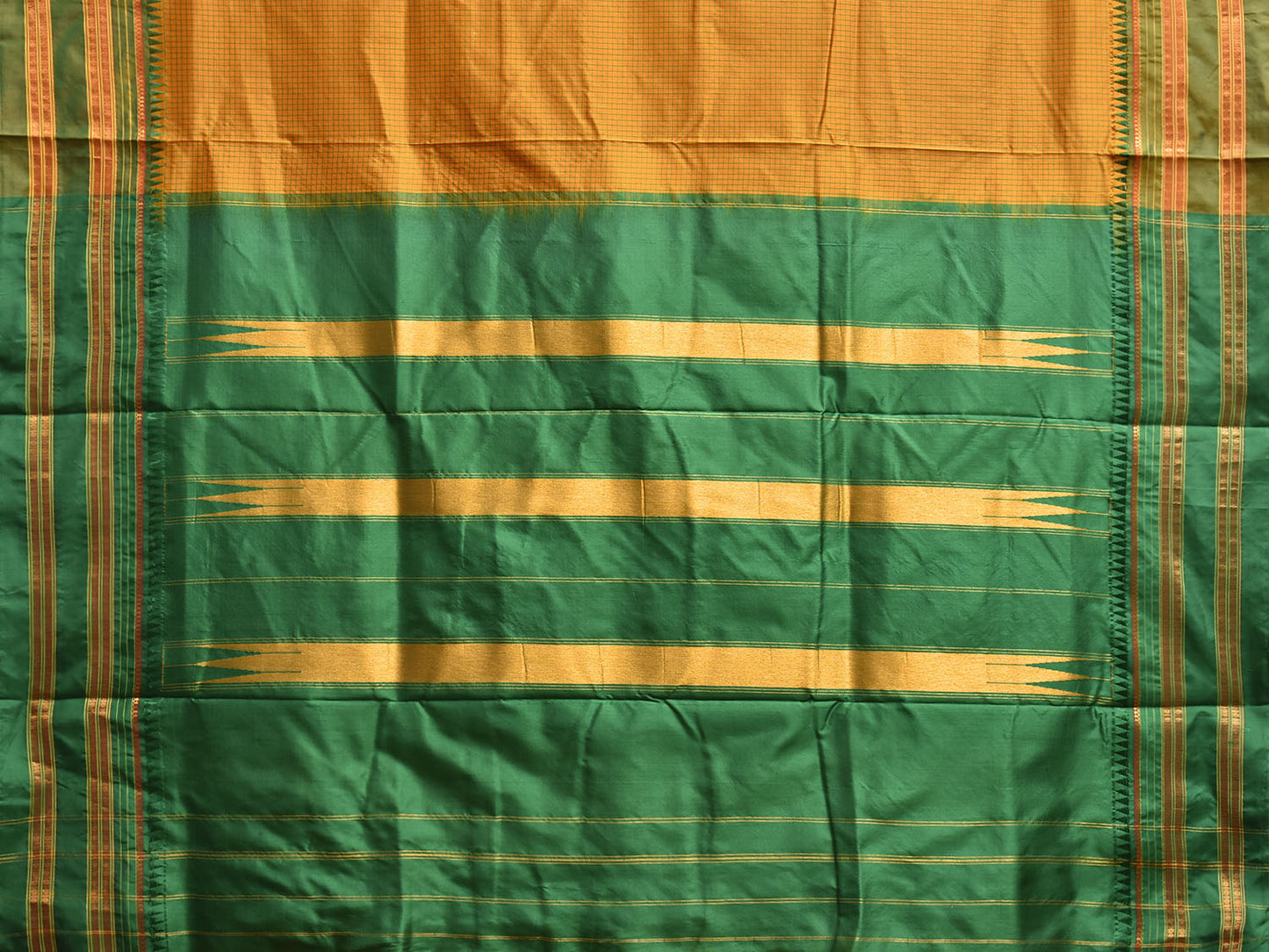 Mustard and Green Narayanpet Silk Handloom Saree with Checks Design No Blouse np1176