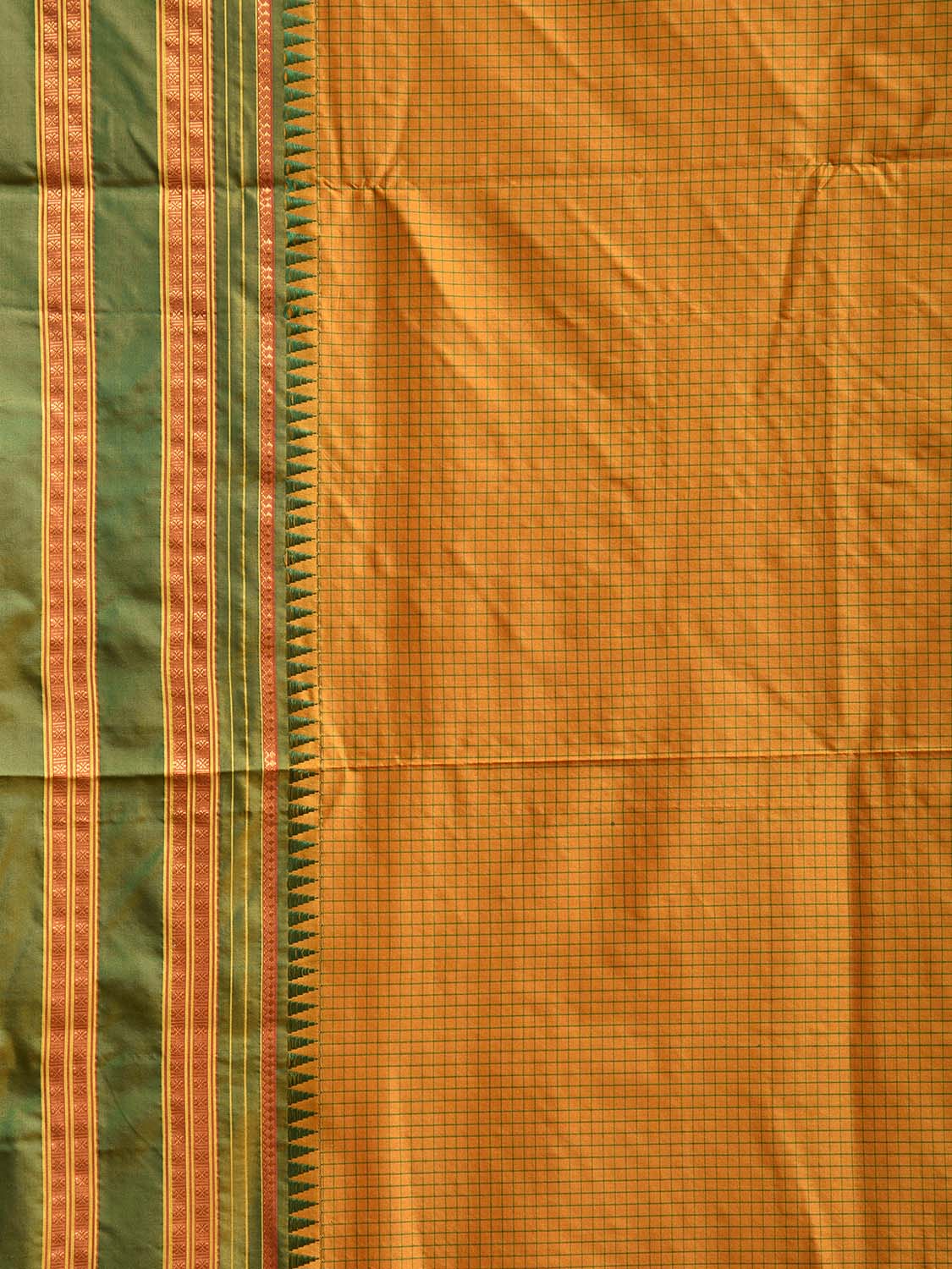 Mustard and Green Narayanpet Silk Handloom Saree with Checks Design No Blouse np1176