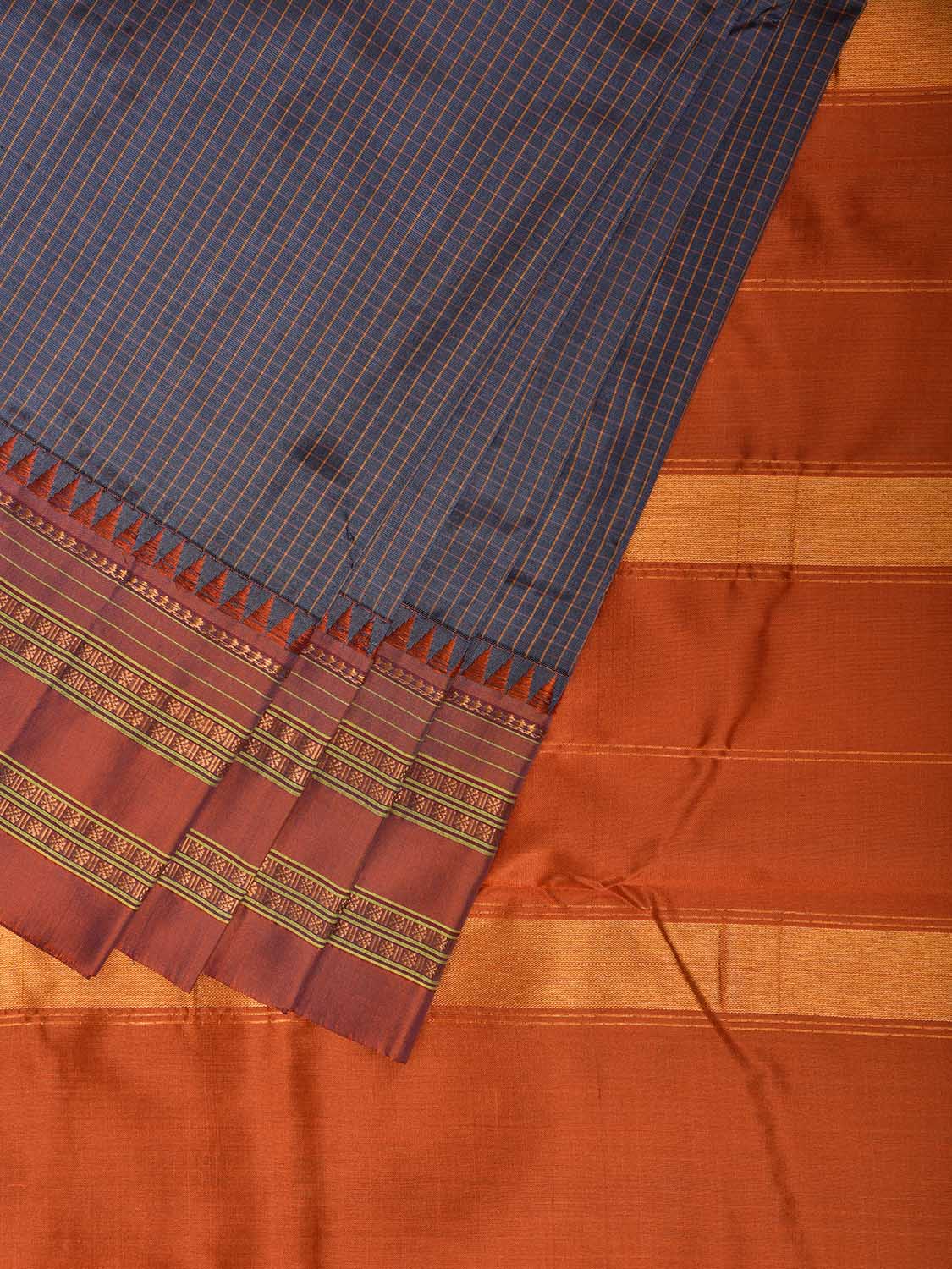 Grey and Orange Narayanpet Silk Handloom Saree with Checks Design No Blouse np1177