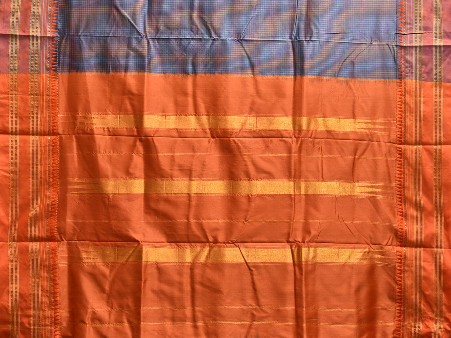 Grey and Orange Narayanpet Silk Handloom Saree with Checks Design No Blouse np1177