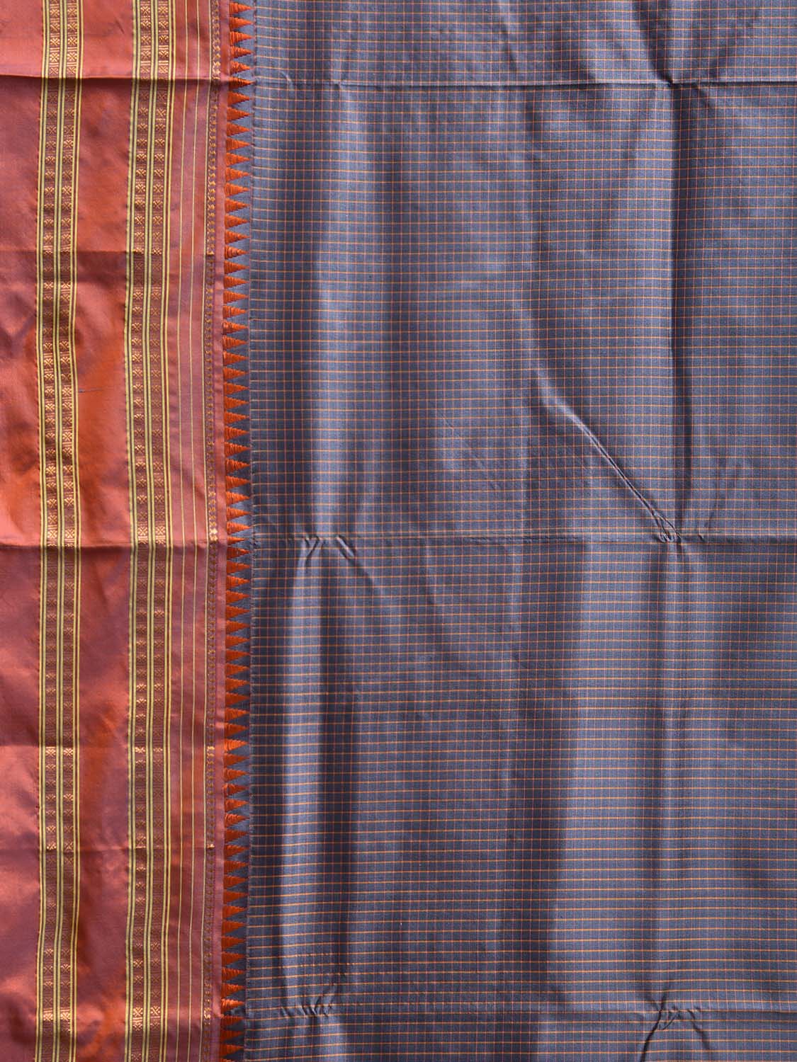 Grey and Orange Narayanpet Silk Handloom Saree with Checks Design No Blouse np1177