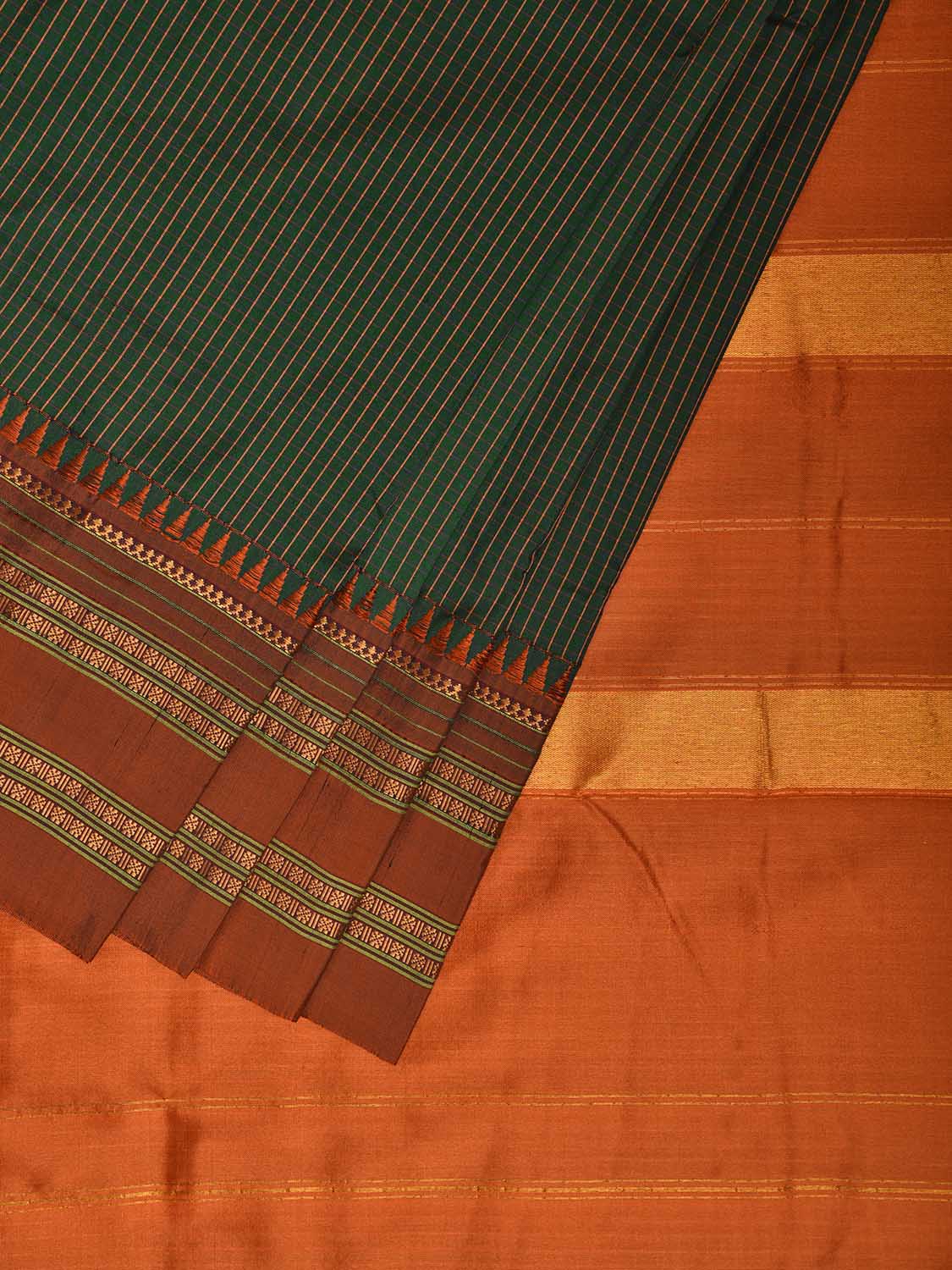 Green and Orange Narayanpet Silk Handloom Saree with Checks Design No Blouse np1178