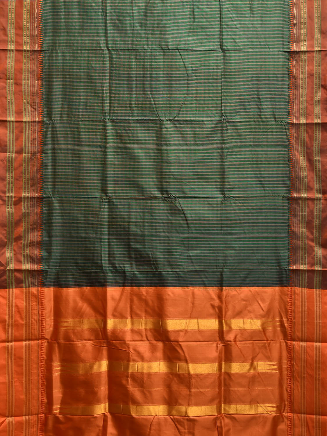 Green and Orange Narayanpet Silk Handloom Saree with Checks Design No Blouse np1178