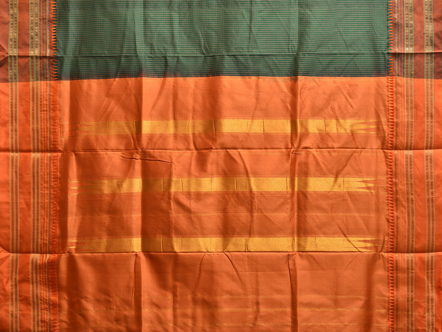 Green and Orange Narayanpet Silk Handloom Saree with Checks Design No Blouse np1178