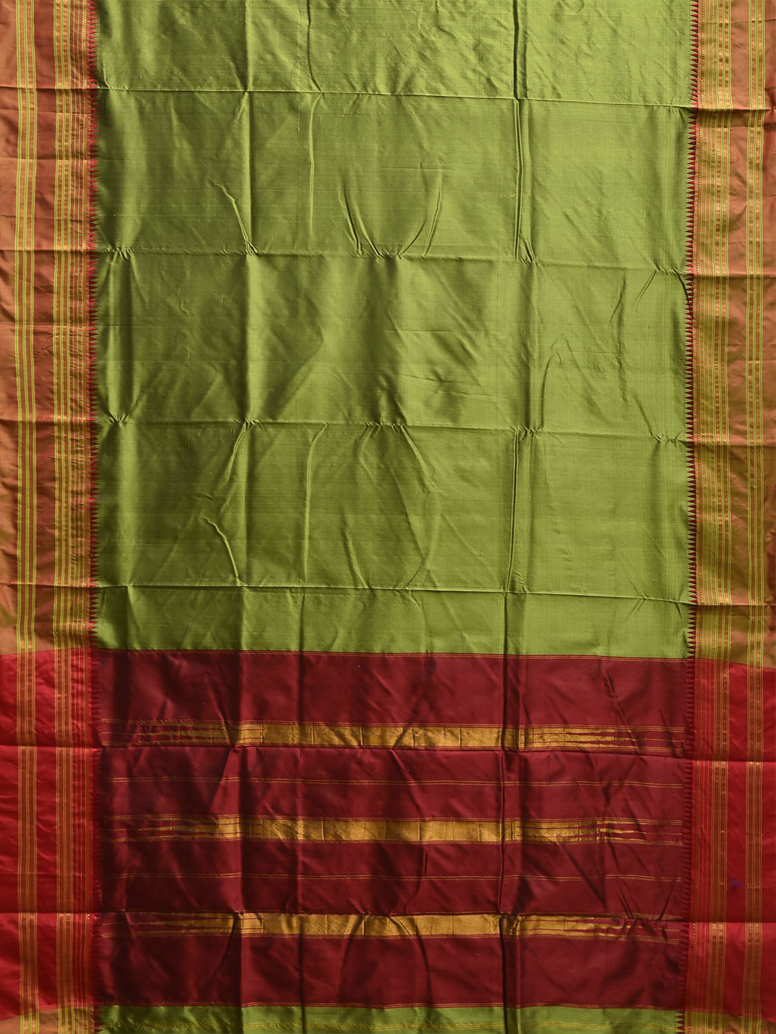 Olive and Maroon Narayanpet Silk Handloom Plain Saree with Contrast Pallu Design No Blouse np1180