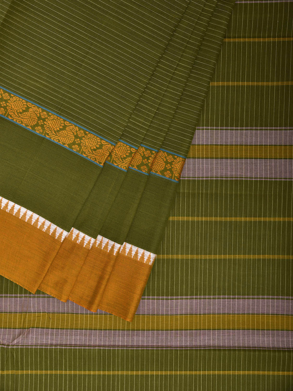 Green and Yellow Narayanpet Cotton Handloom Saree with Strips Design No Blouse np1189