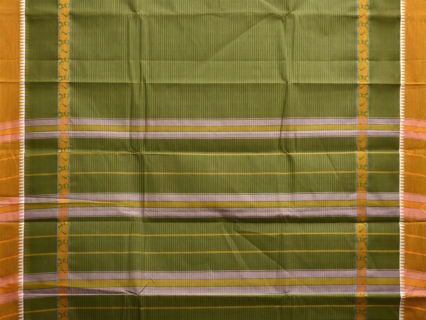 Green and Yellow Narayanpet Cotton Handloom Saree with Strips Design No Blouse np1189