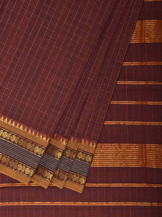 Burgundy and Fawn Narayanpet Cotton Handloom Saree with Checks Design No Blouse np1194