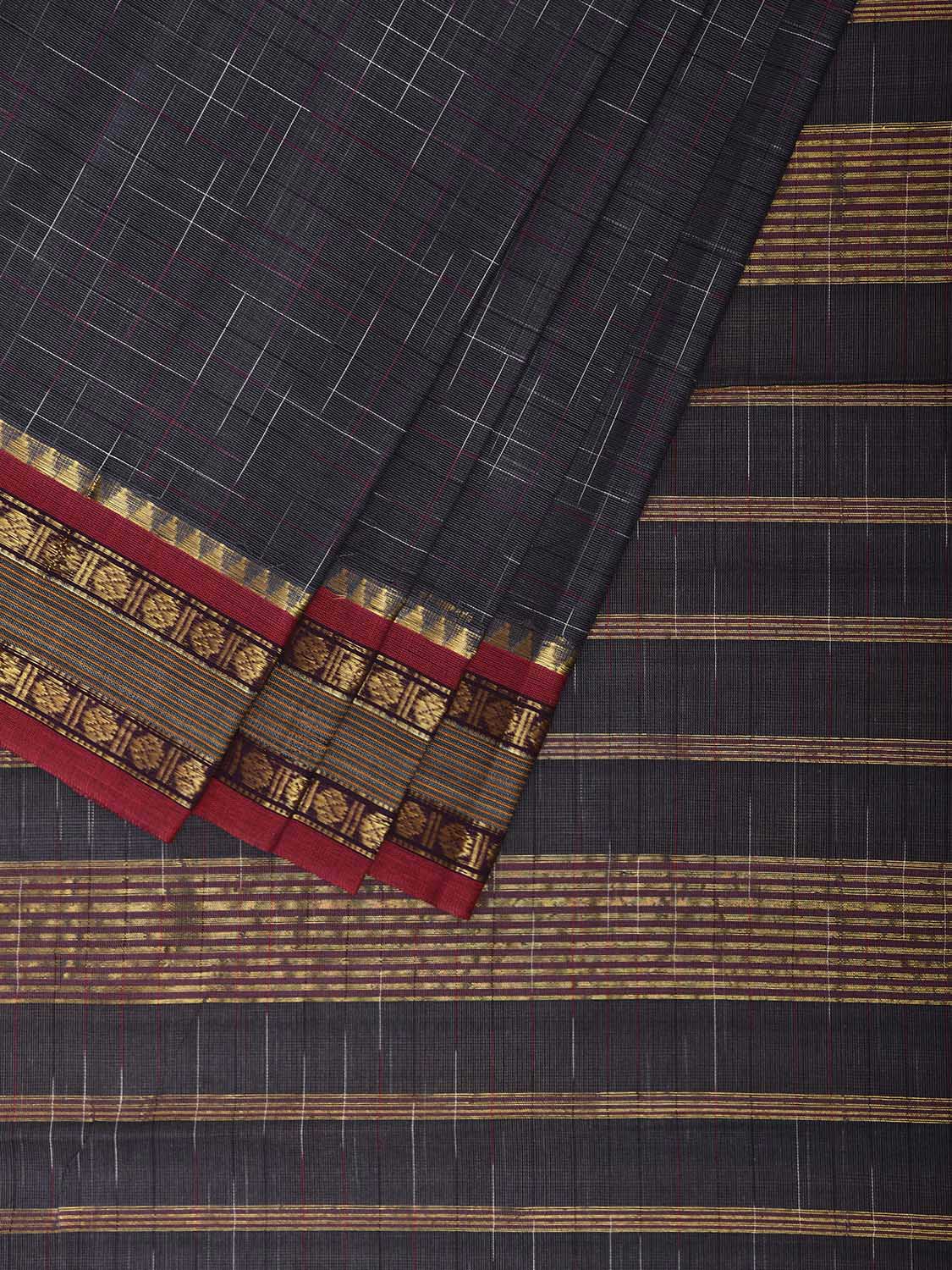 Dark Grey and Red Narayanpet Cotton Handloom Saree with Strips Pallu Design No Blouse np1195