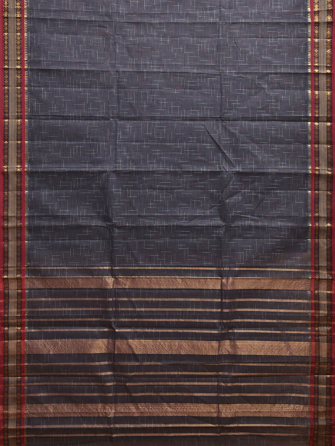 Dark Grey and Red Narayanpet Cotton Handloom Saree with Strips Pallu Design No Blouse np1195