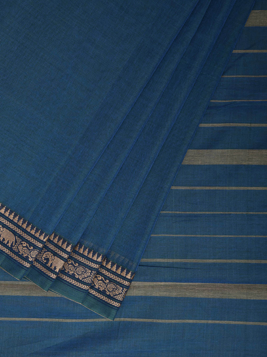Blue Narayanpet Cotton Plain Saree with Small Border and Strips Pallu Design No Blouse np1196