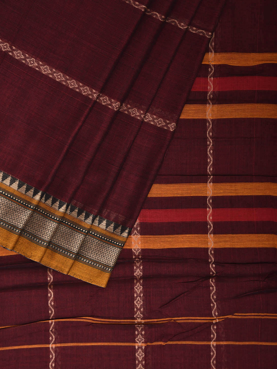 Maroon and Yellow Narayanpet Cotton Saree with Small Border and Strips Design No Blouse np1197