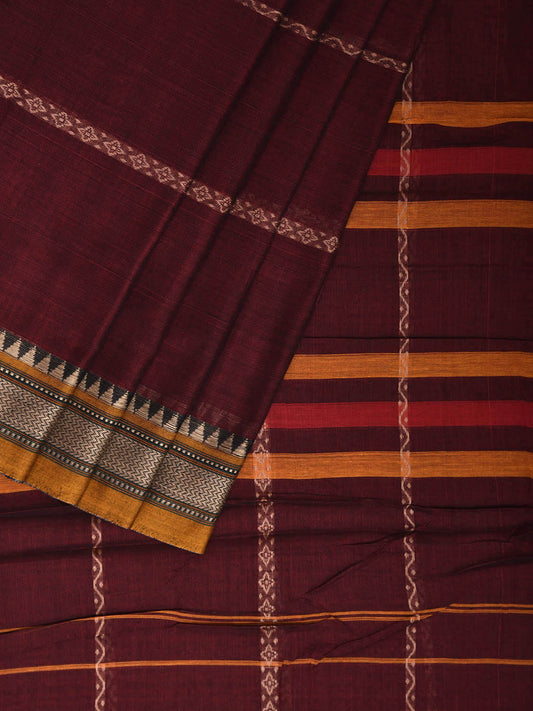 Maroon and Yellow Narayanpet Cotton Saree with Small Border and Strips Design No Blouse np1197