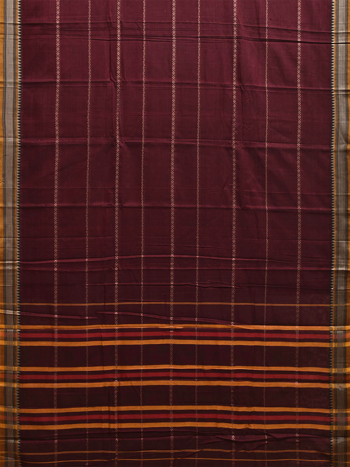 Maroon and Yellow Narayanpet Cotton Saree with Small Border and Strips Design No Blouse np1197
