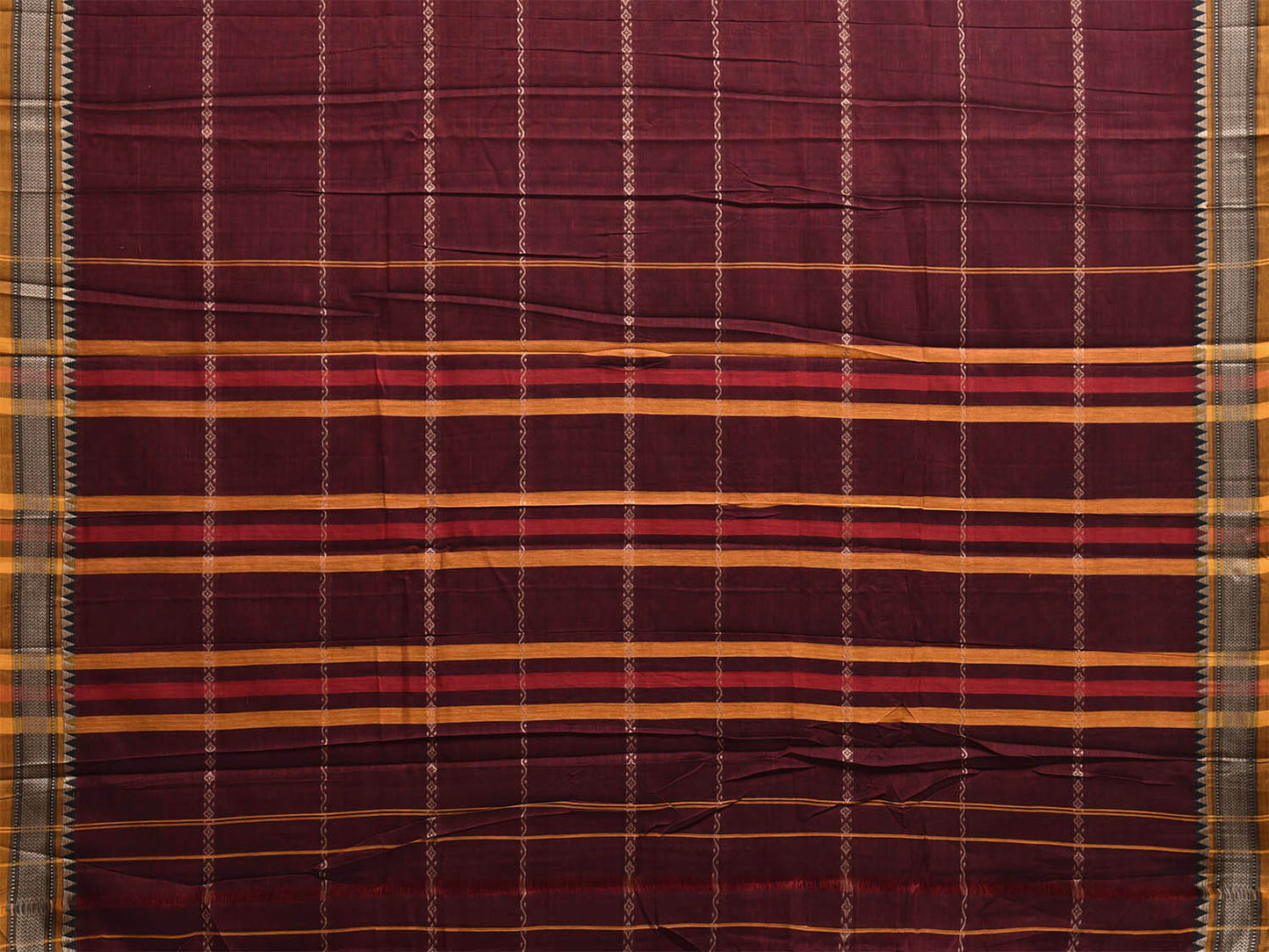 Maroon and Yellow Narayanpet Cotton Saree with Small Border and Strips Design No Blouse np1197