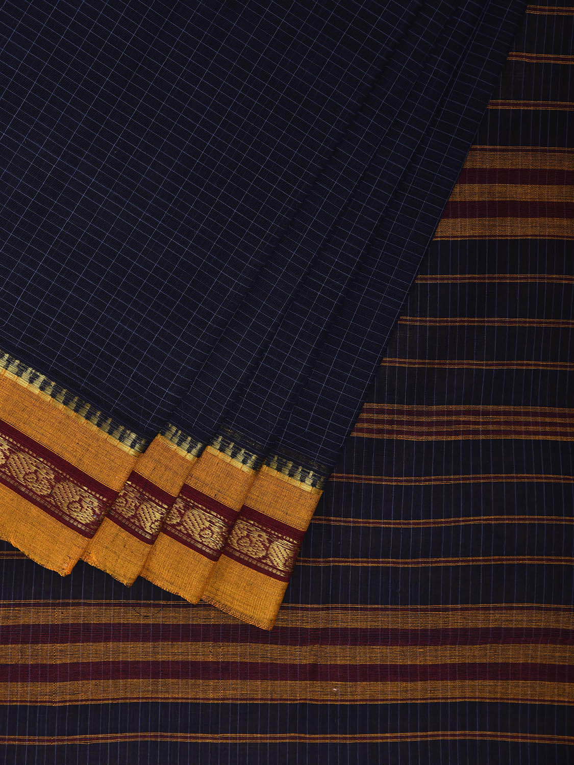 Navy and Yellow Narayanpet Cotton Saree with Checks Design No Blouse np1198