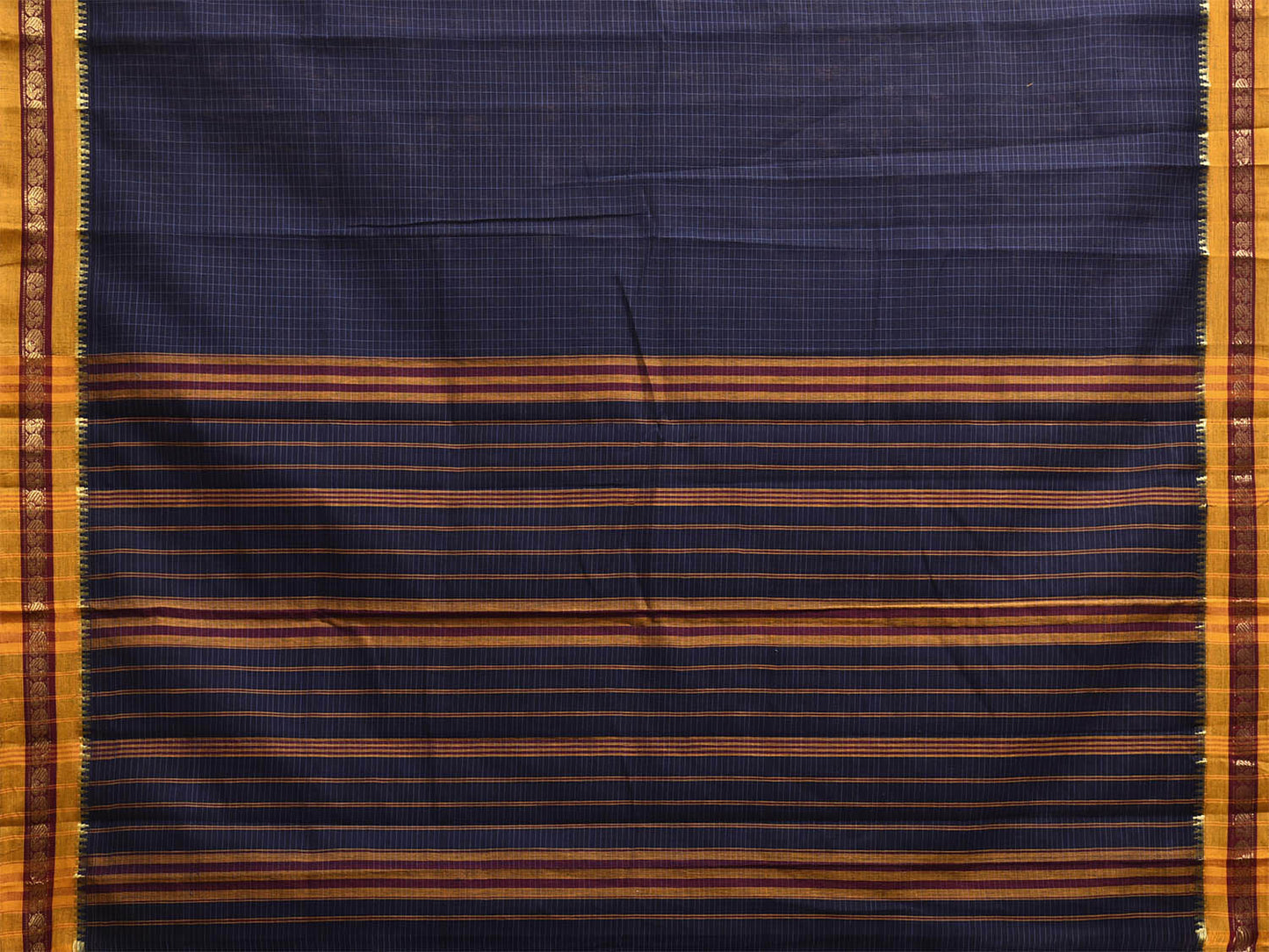 Navy and Yellow Narayanpet Cotton Saree with Checks Design No Blouse np1198