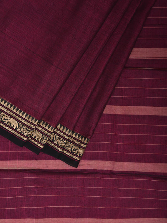 Wine Narayanpet Cotton Plain Saree with Small Border and Strips Pallu Design No Blouse np1200
