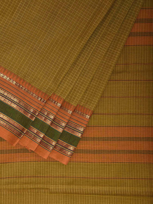 Olive and Mustard Narayanpet Cotton Saree with Checks Design No Blouse np1201