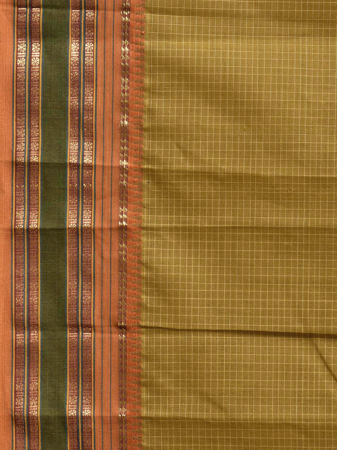 Olive and Mustard Narayanpet Cotton Saree with Checks Design No Blouse np1201