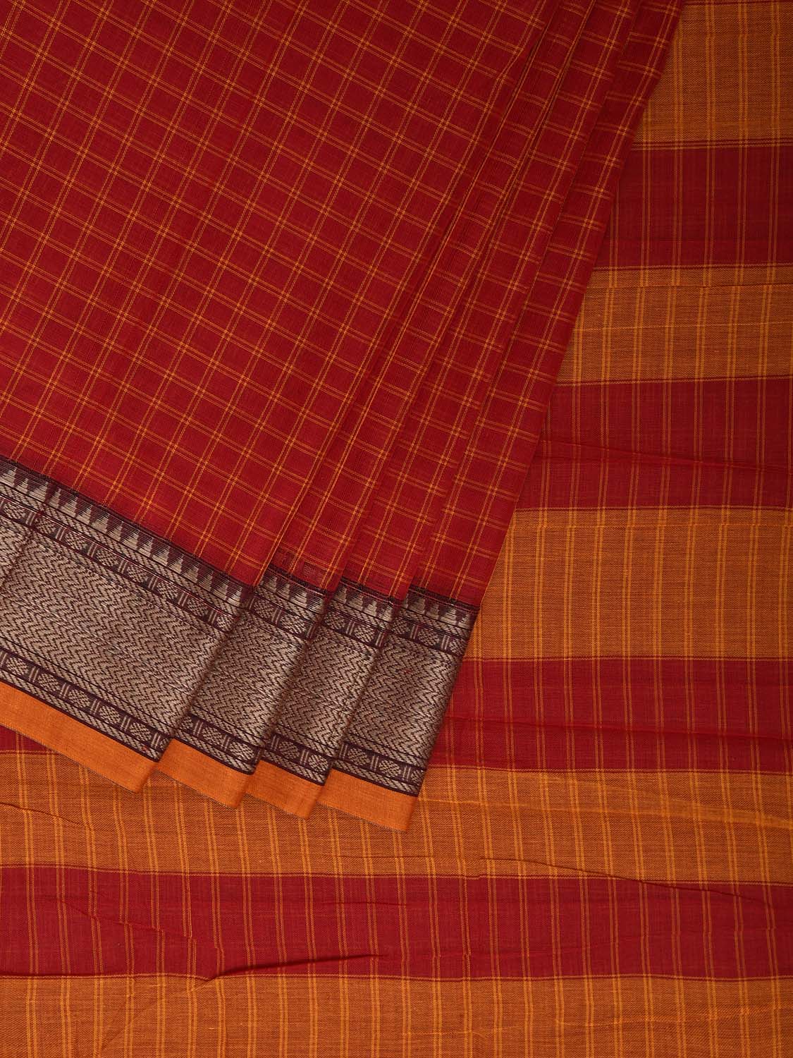 Red and Yellow Narayanpet Cotton Saree with Checks Design No Blouse np1202