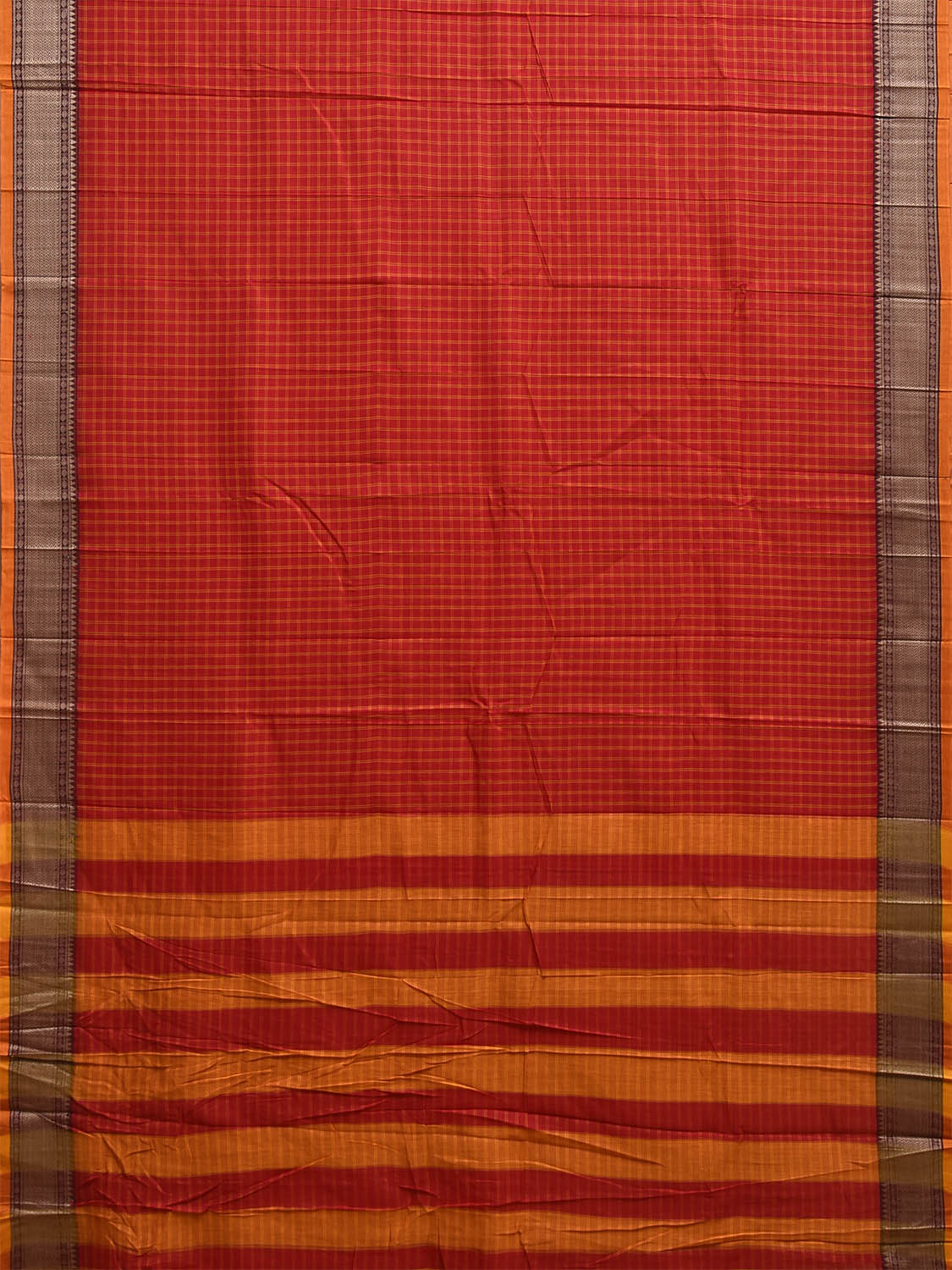Red and Yellow Narayanpet Cotton Saree with Checks Design No Blouse np1202