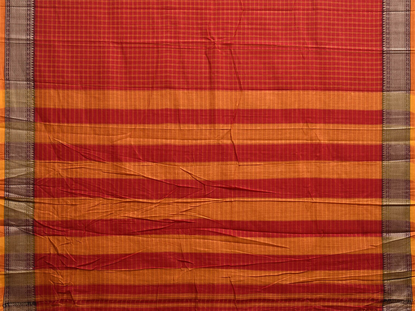 Red and Yellow Narayanpet Cotton Saree with Checks Design No Blouse np1202