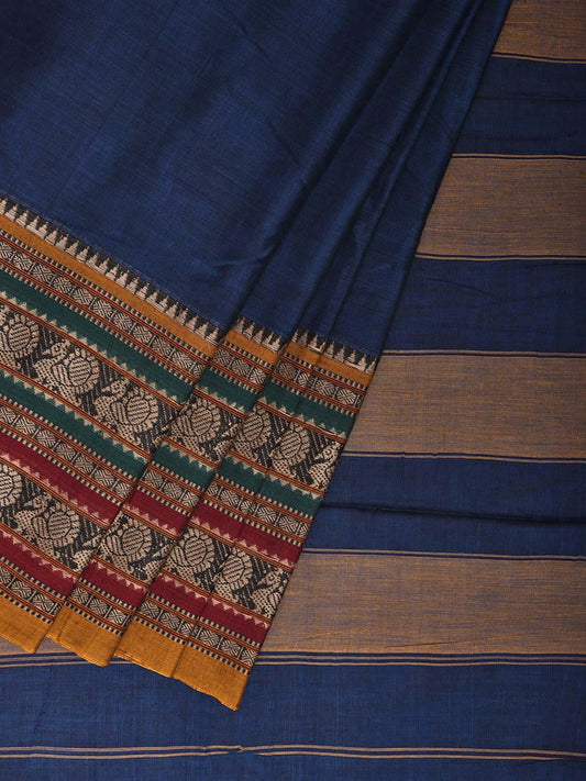 Blue and Yellow Narayanpet Cotton Plain Saree with Kanchi Border Design No Blouse np1203