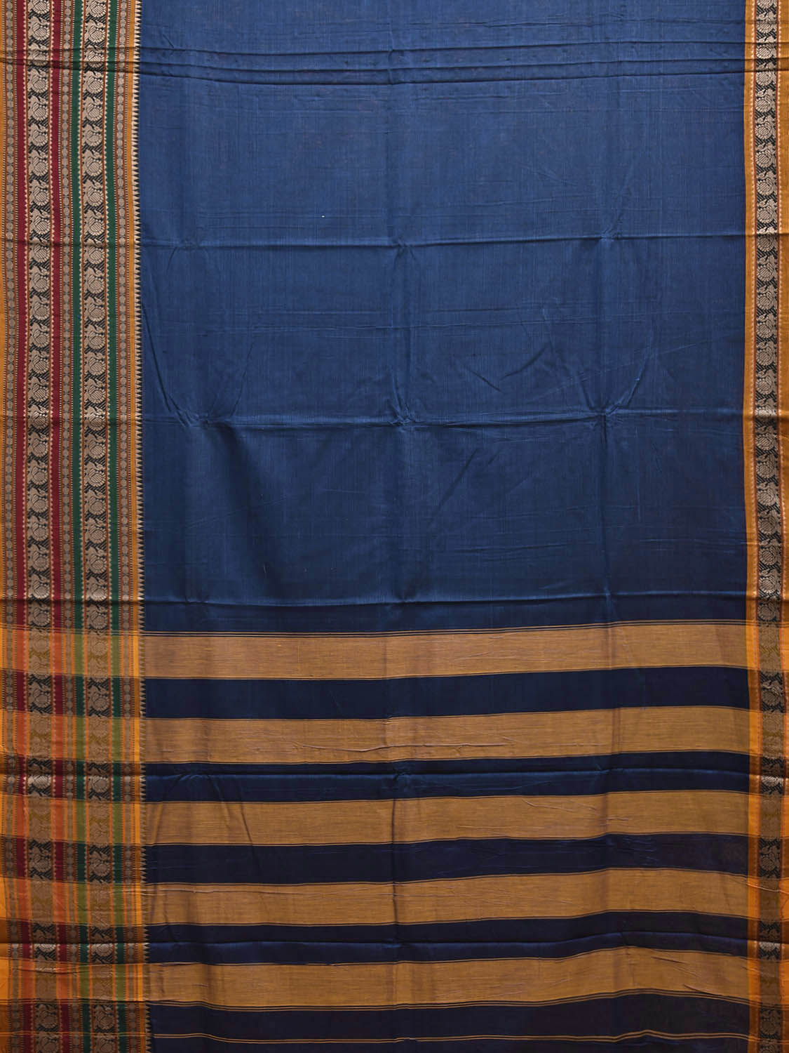 Blue and Yellow Narayanpet Cotton Plain Saree with Kanchi Border Design No Blouse np1203