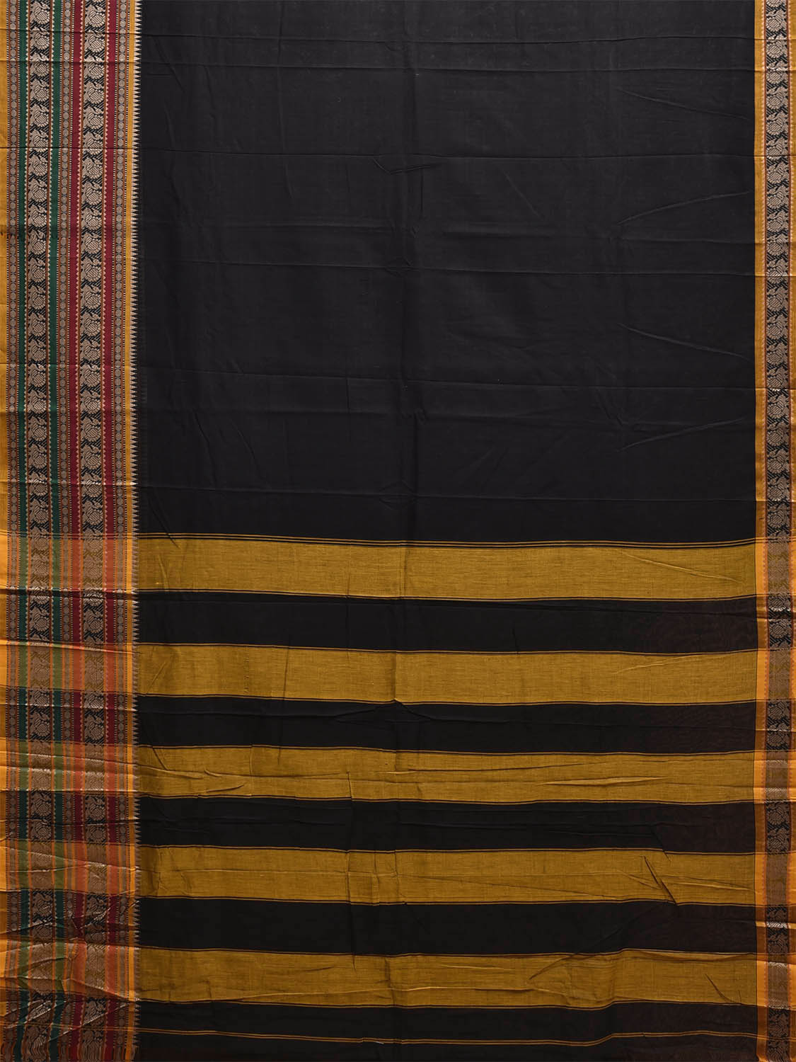 Black and Yellow Narayanpet Cotton Plain Saree with Kanchi Border Design No Blouse np1204