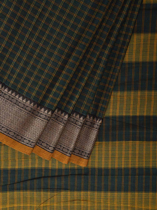Green and Yellow Narayanpet Cotton Saree with Checks Design No Blouse np1206