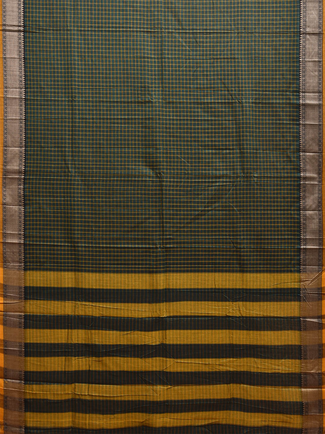 Green and Yellow Narayanpet Cotton Saree with Checks Design No Blouse np1206