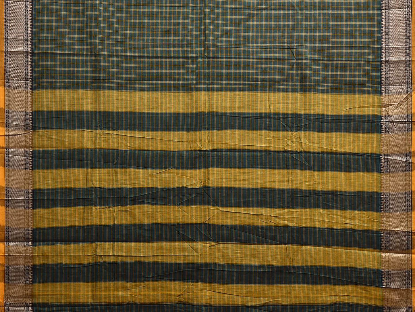 Green and Yellow Narayanpet Cotton Saree with Checks Design No Blouse np1206