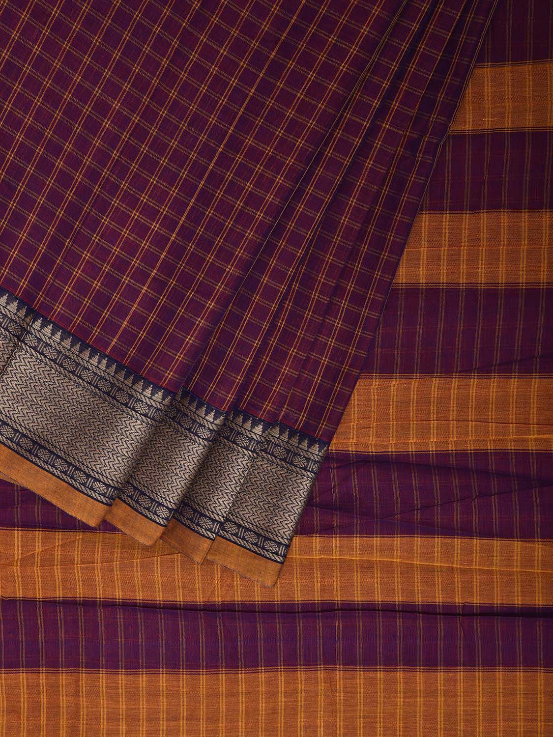 Purple and Yellow Narayanpet Cotton Saree with Checks Design No Blouse np1207