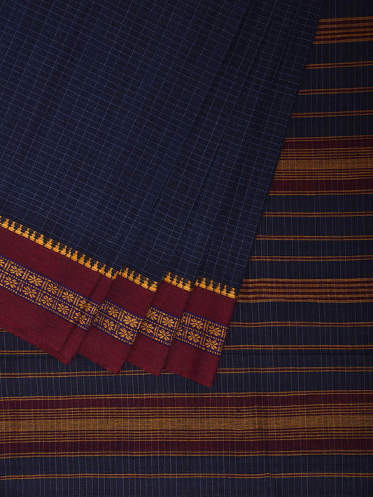 Navy and Dark Red Narayanpet Cotton Saree with Checks Design No Blouse np1211