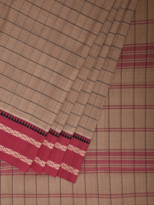 Cream and Pink Red Narayanpet Cotton Saree with Big Checks Design No Blouse np1212