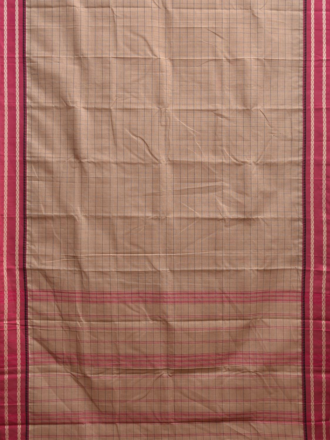 Cream and Pink Red Narayanpet Cotton Saree with Big Checks Design No Blouse np1212