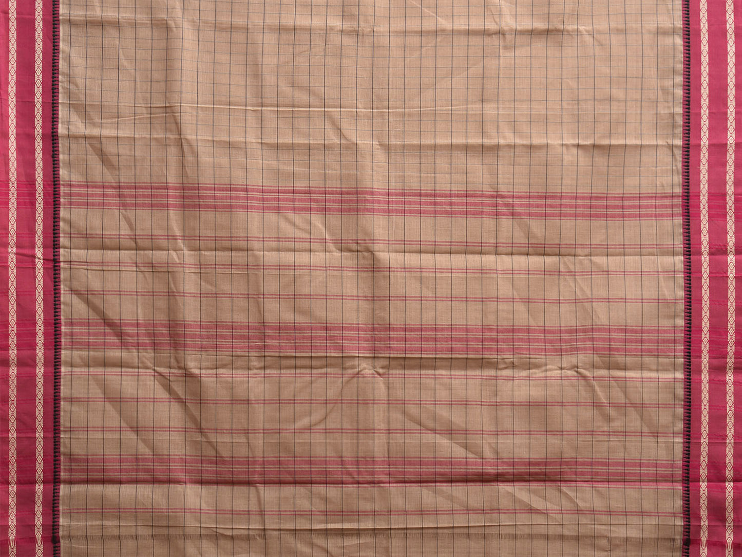 Cream and Pink Red Narayanpet Cotton Saree with Big Checks Design No Blouse np1212